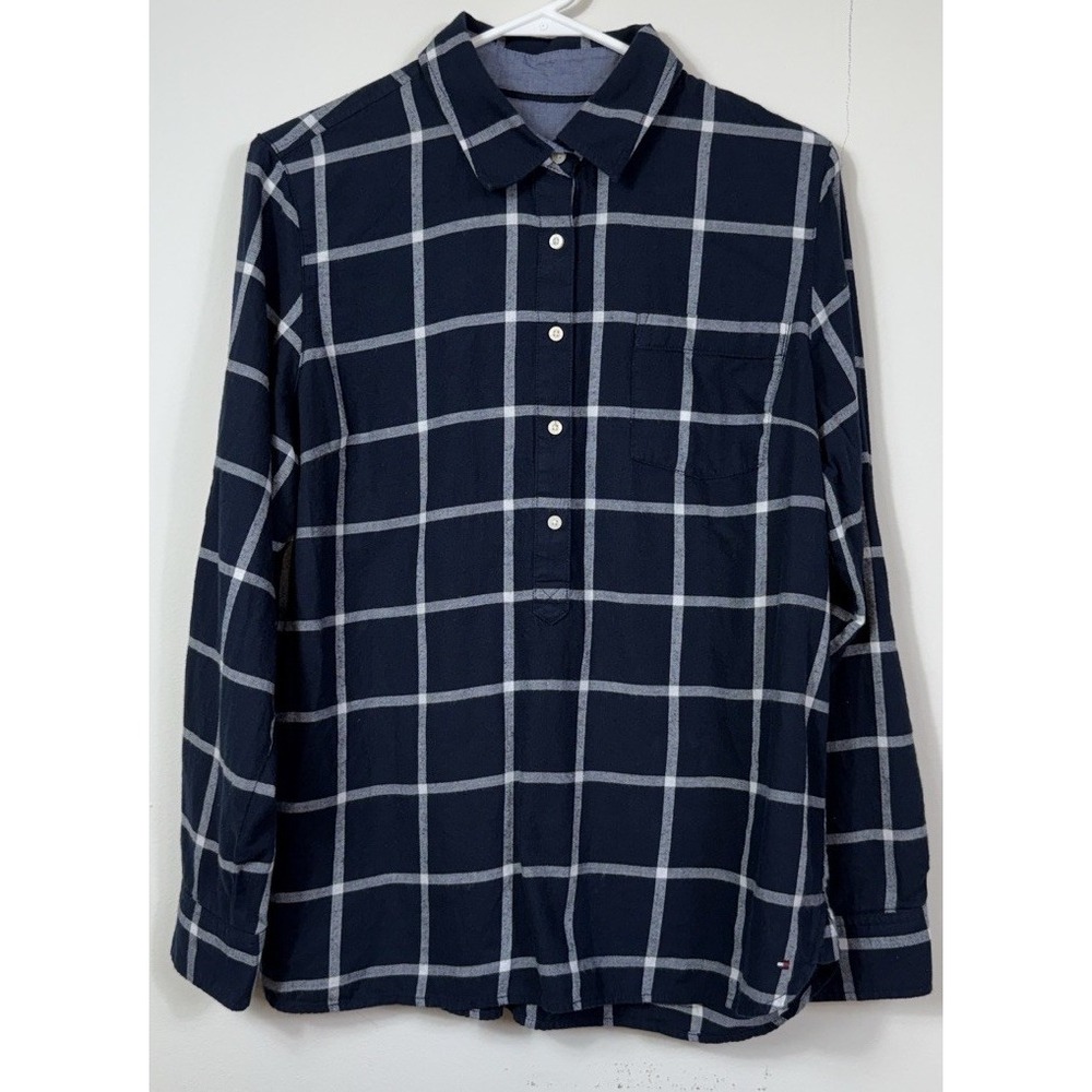 Tommy Hilfiger Plaid Flannel‎ Popover Shirt Womens Medium Navy White Pocket